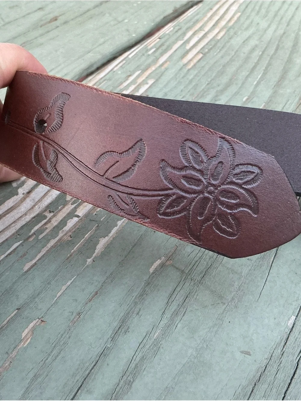 Brown Embossed Leather Belt with Floral Design